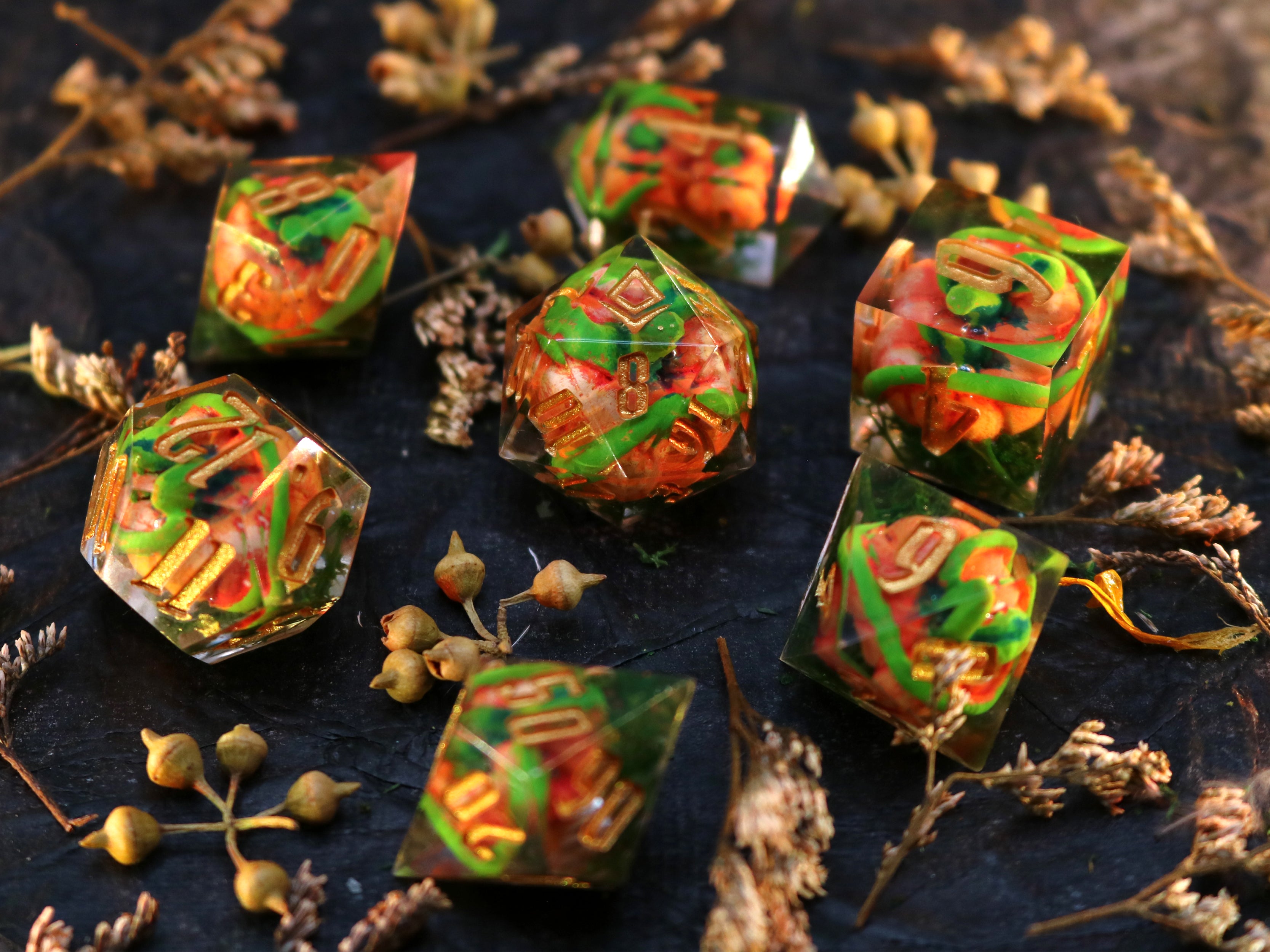 Over the garden - Handmade Polyhedral Dice Set